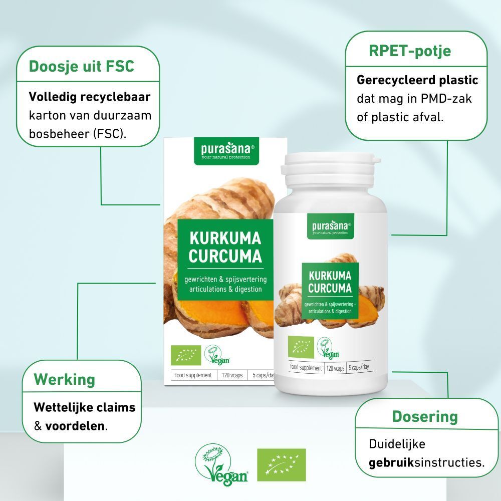 Productverpakking met fles en doos. Opschrift: Kurkuma Curcuma. Vegan. 120 capsules. 5 per dag. FSC-gecertificeerde verpakking.
