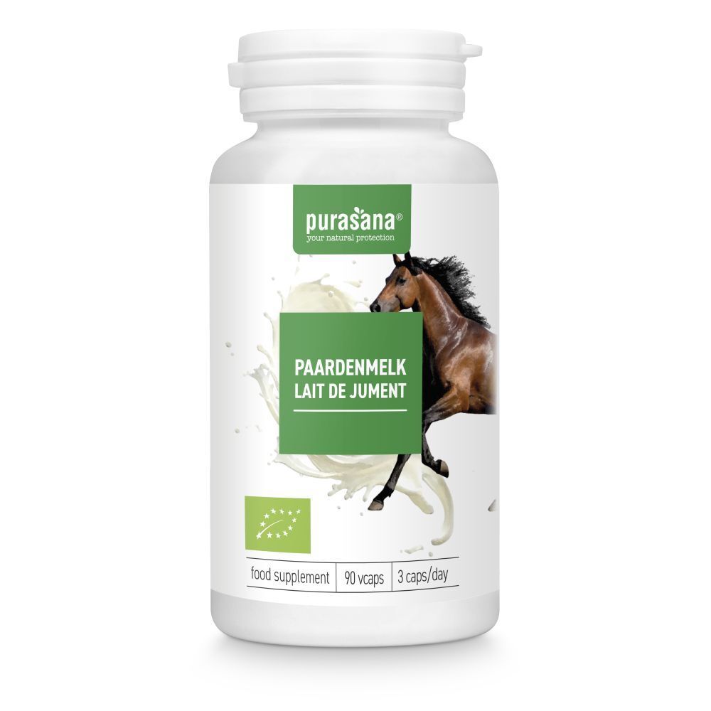 Witte fles met capsules. Opschrift: Purasana, Paardenmelk, Lait de Jument. Met bio-label.