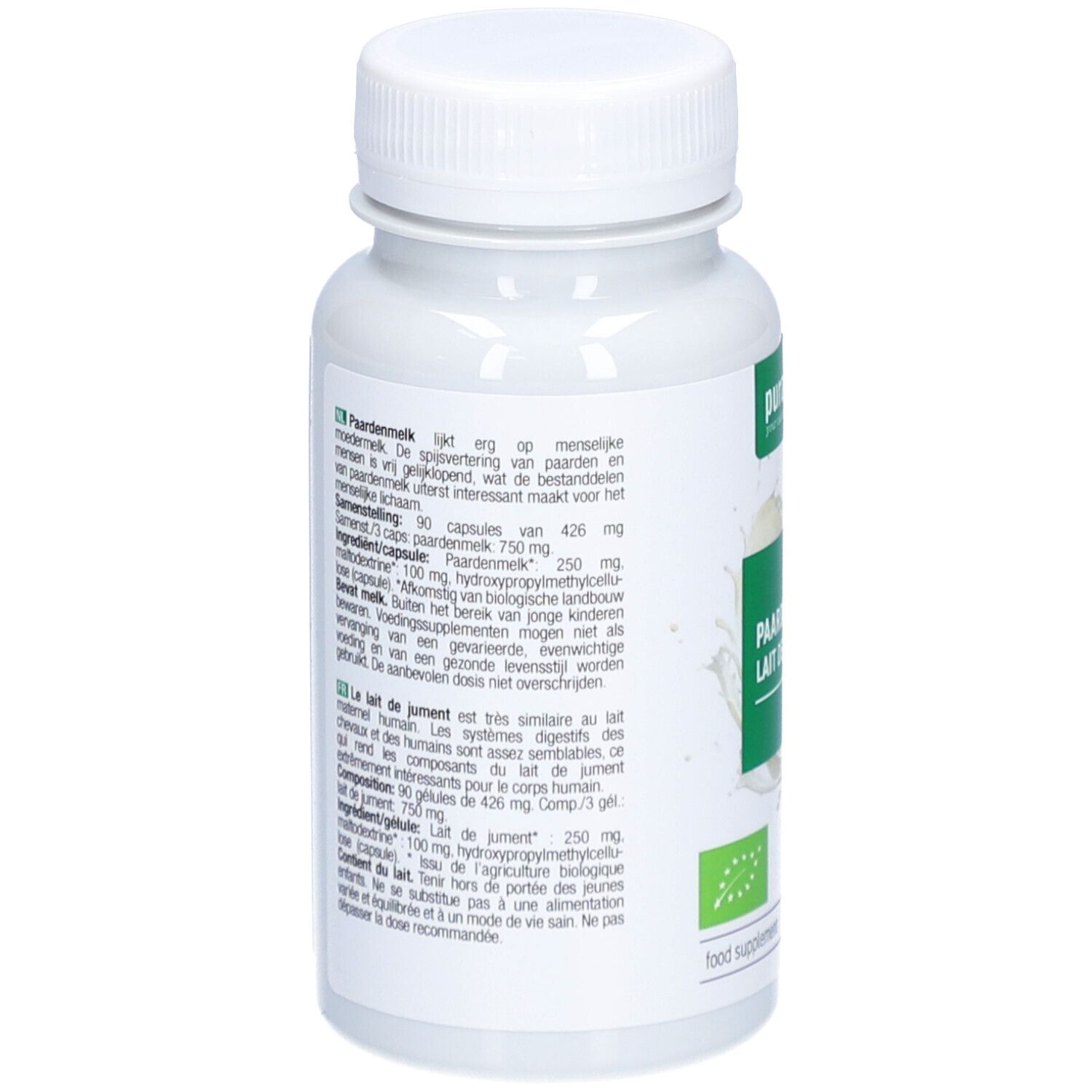 Dos du flacon avec texte. Contient des informations sur les ingrédients et le dosage. Avec label bio.