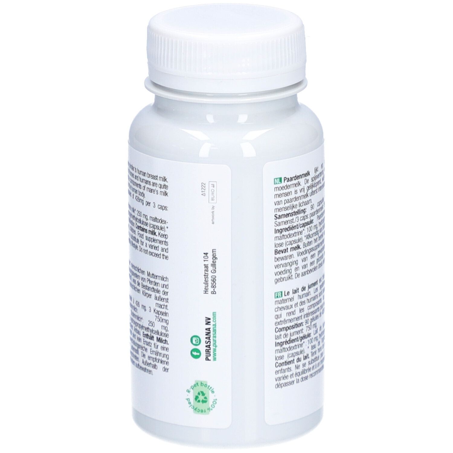 Dos du flacon avec texte. Contient des informations sur les ingrédients et le dosage. Avec label bio.
