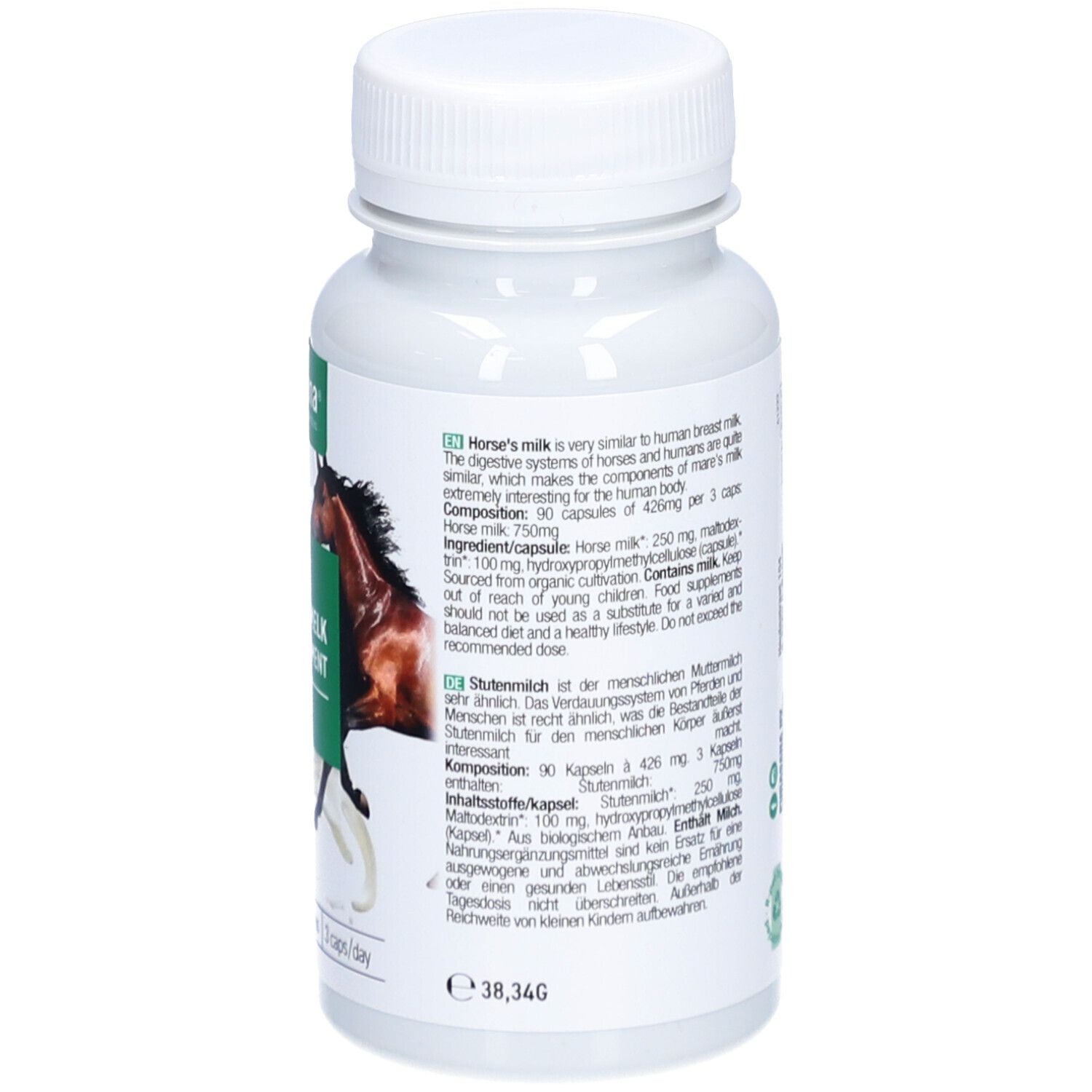 Dos du flacon avec texte. Contient des informations sur les ingrédients et le dosage. Avec label bio.