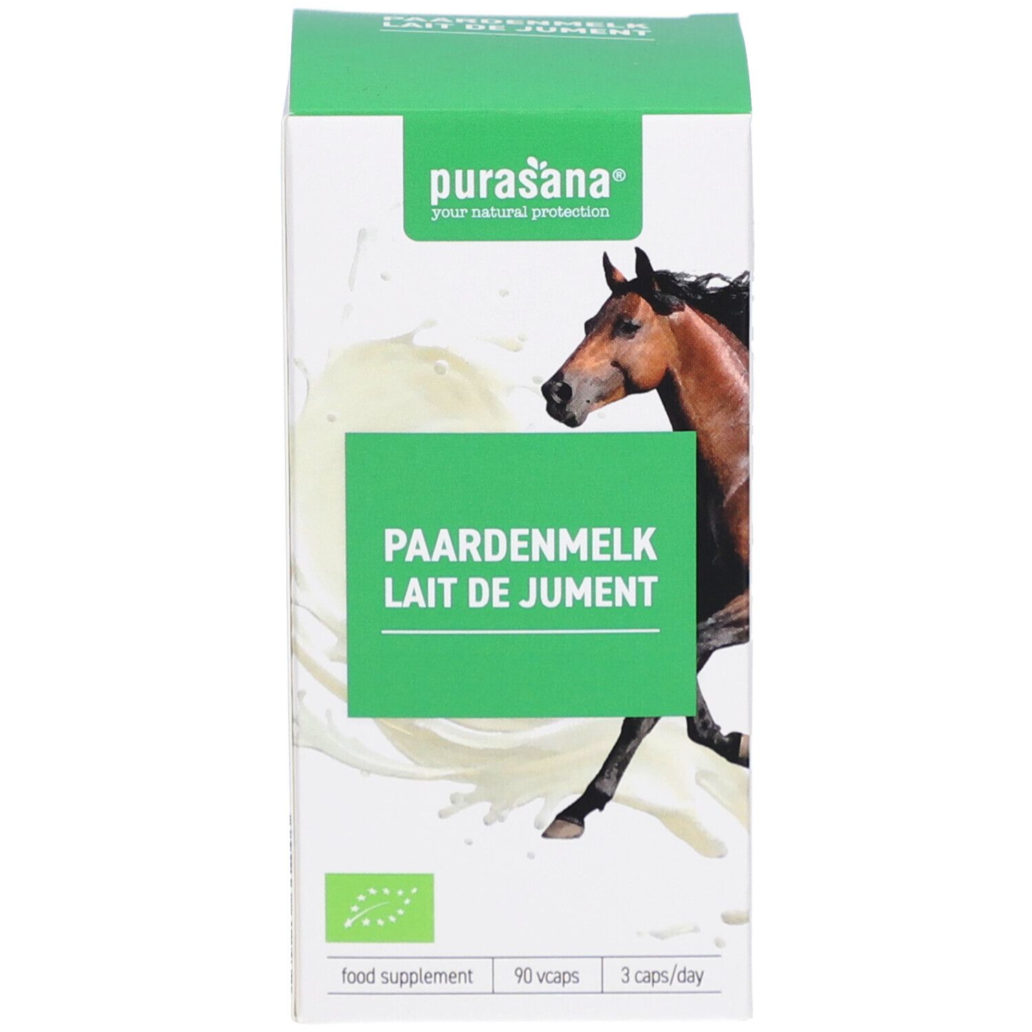 Emballage en carton. Inscription : Purasana, Paardenmelk, Lait de Jument. Avec label bio.