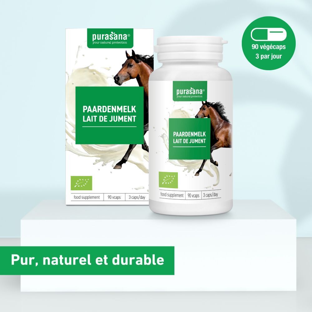 Emballage du produit avec flacon et boîte. Inscription : Purasana, Paardenmelk, Lait de Jument. Avec label bio.