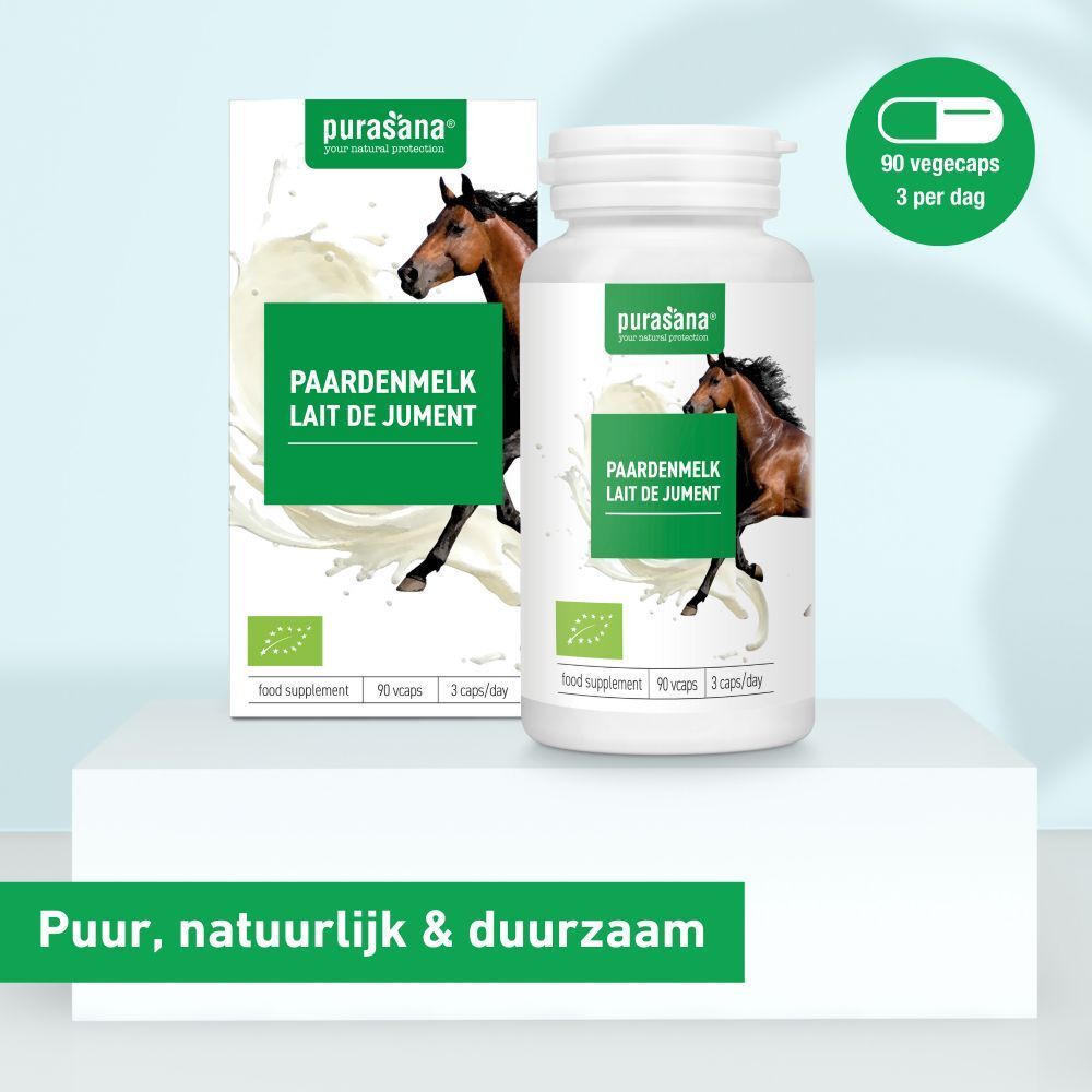 Vergelijking: voor en na. Fles en doos. Opschrift: Purasana, Paardenmelk, Lait de Jument.