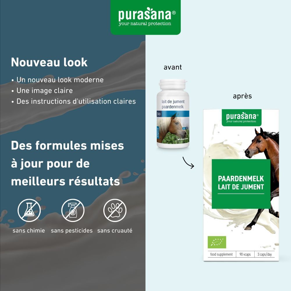 Comparaison : avant-après. Flacon et boîte. Inscription : Purasana, Paardenmelk, Lait de Jument.