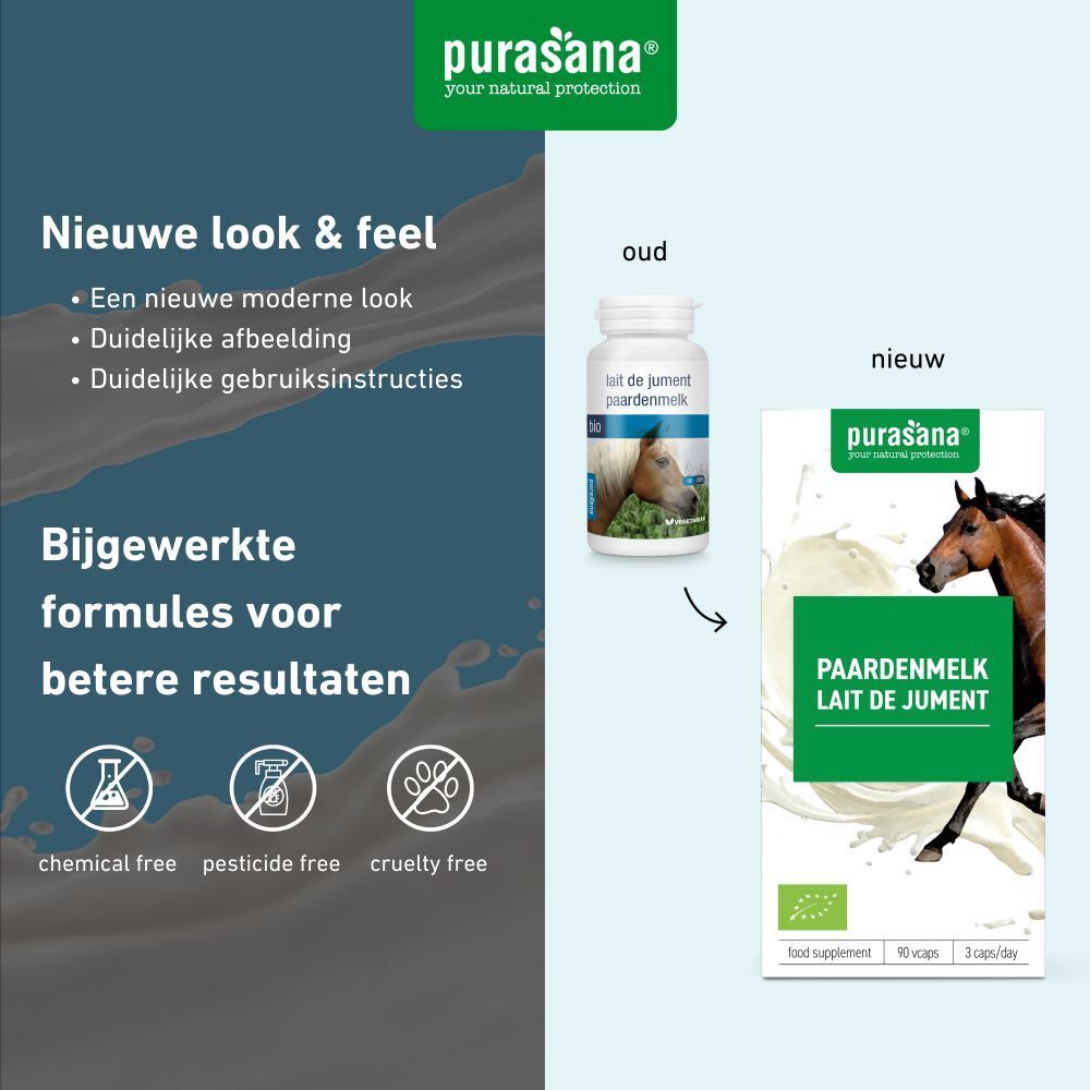 Verpakkingsdetails: FSC-karton, gerecycled RPET-materiaal, doseerinstructies. Opschrift: Purasana, Paardenmelk.