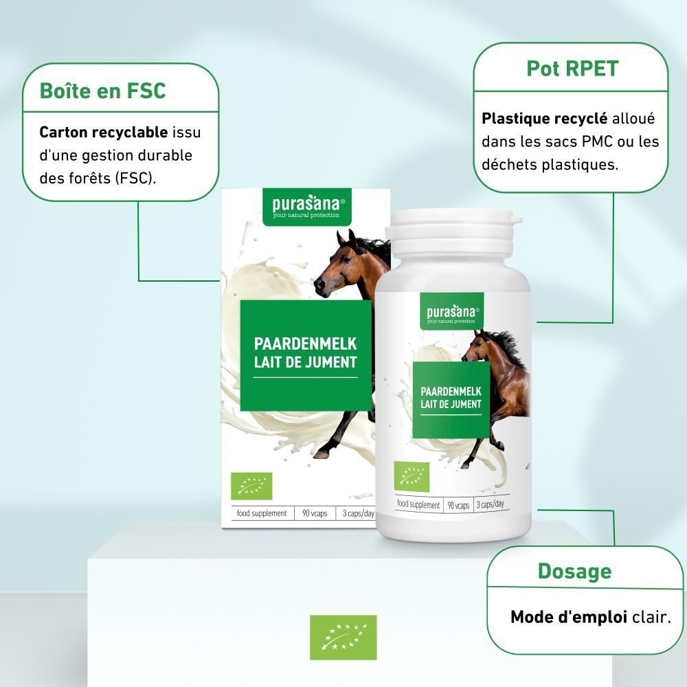 Détails de l'emballage : carton FSC, matériau RPET recyclé, instructions de dosage. Inscription : Purasana, Paardenmelk.