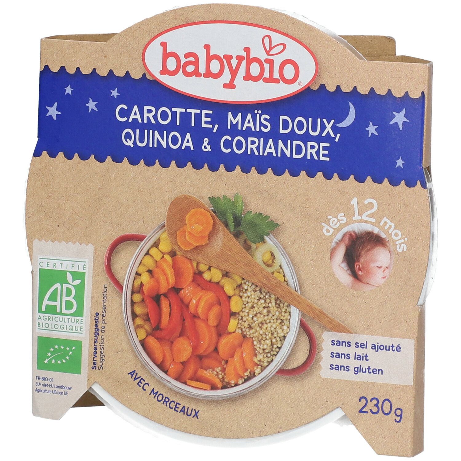 Babybio verpakking. Wortel, zoete maïs, quinoa & koriander. Biologisch gecertificeerd. Vanaf 12 maanden. 230g.