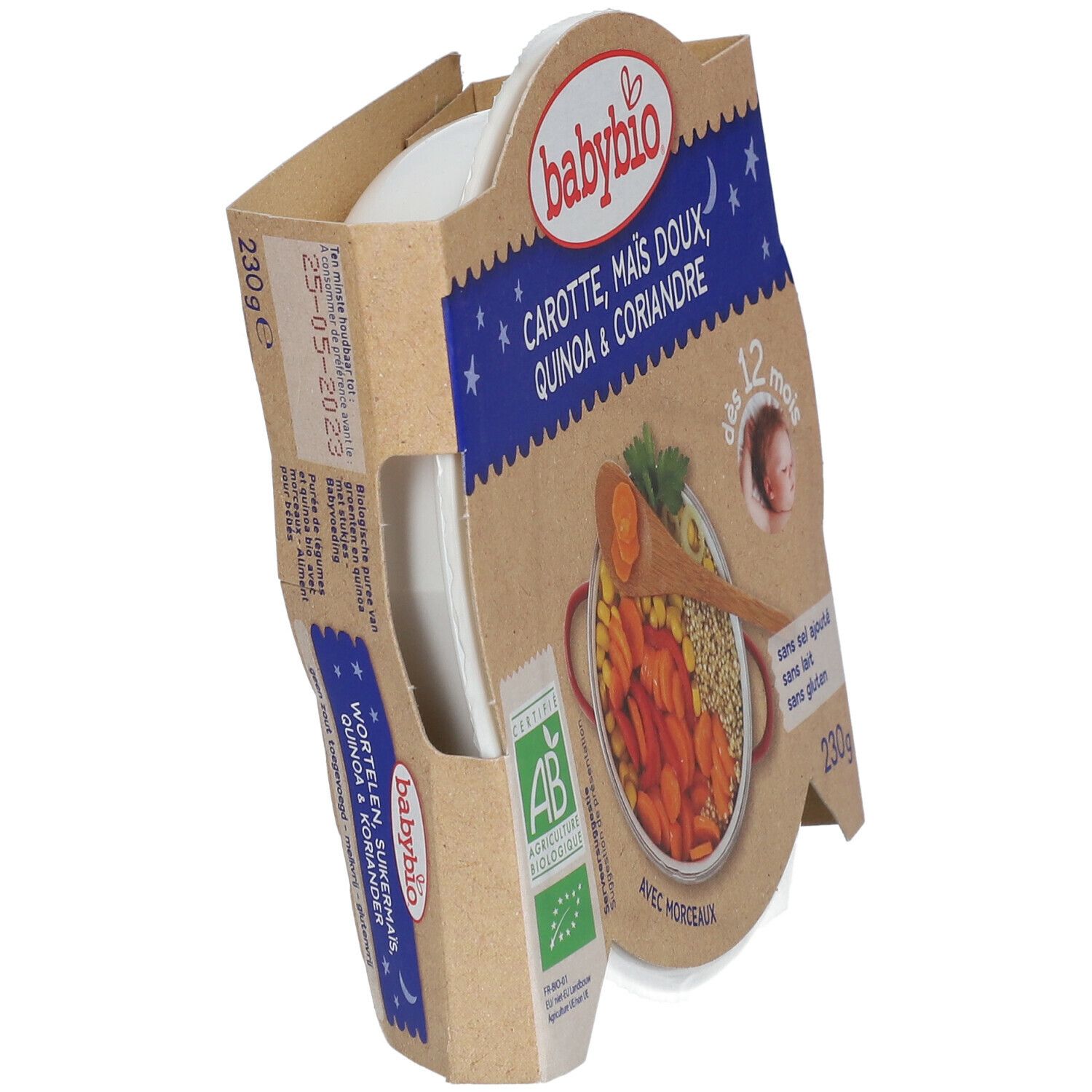 Babybio verpakking. Wortel, zoete maïs, quinoa & koriander. Biologisch. Houdbaarheidsdatum. Zijaanzicht.