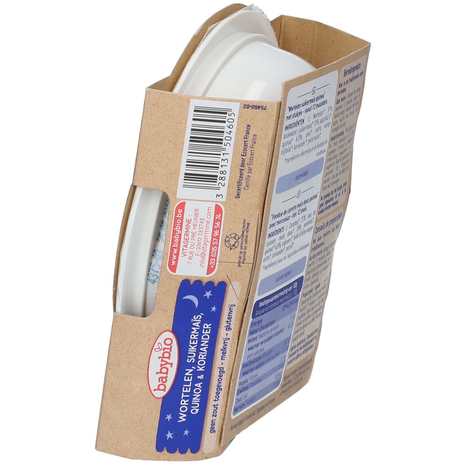 Babybio verpakking, zijaanzicht. Ingrediënten, voedingswaarde. Biologisch. Houdbaarheidsdatum.