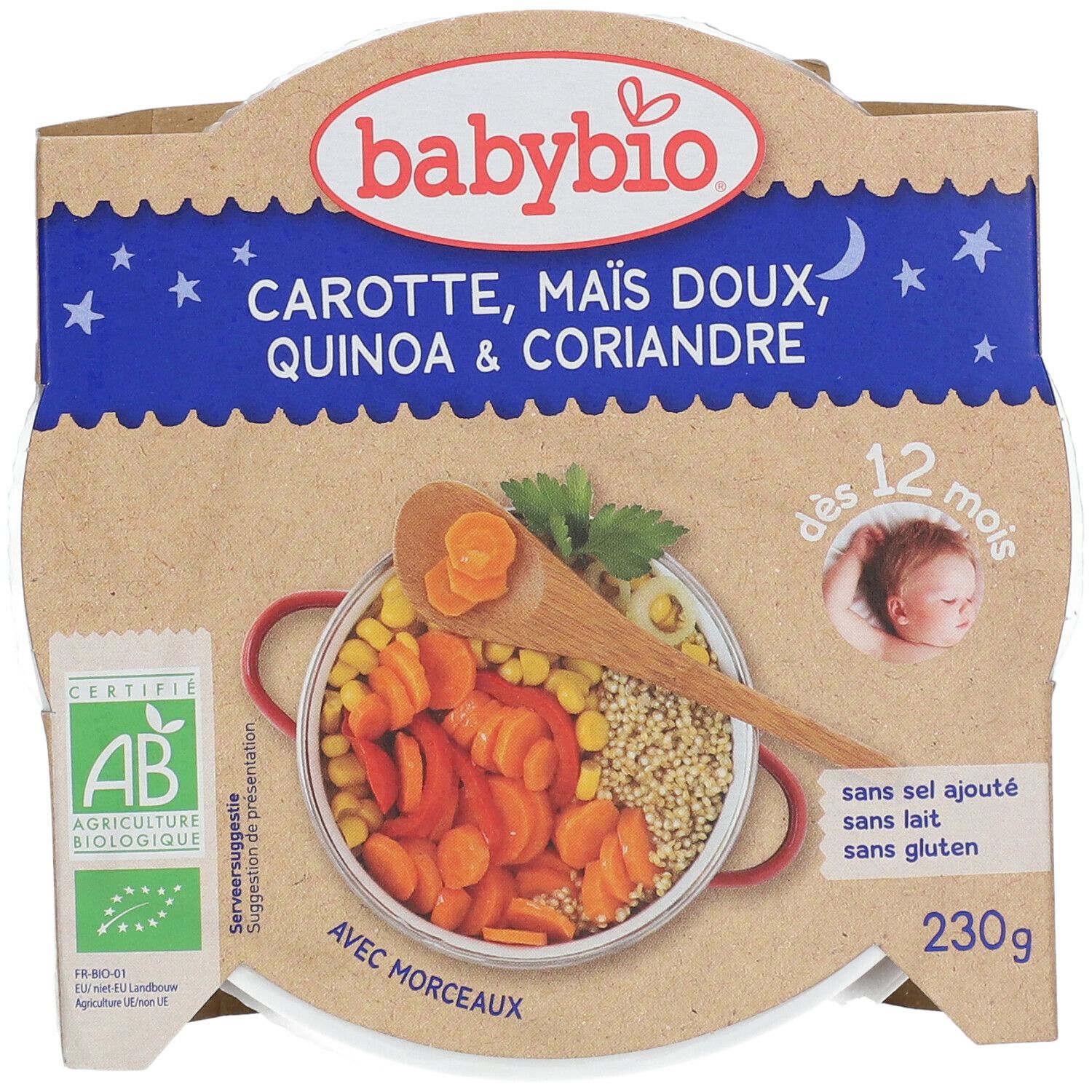 Babybio verpakking. Wortel, zoete maïs, quinoa & koriander. Biologisch. Vanaf 12 maanden. 230g. Zonder toevoegingen.