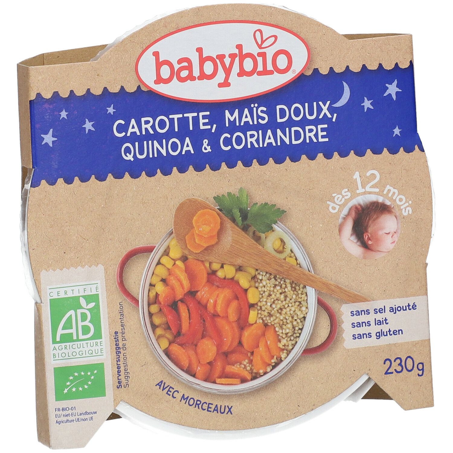 Babybio verpakking. Wortel, zoete maïs, quinoa & koriander. Biologisch. Vanaf 12 maanden. 230g. Zonder toevoegingen.