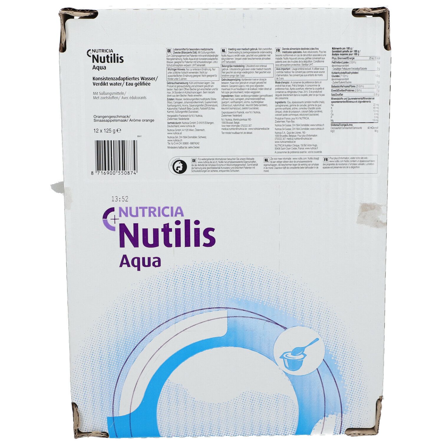 Kartonnen verpakking met productinformatie. Opschrift: Nutricia Nutilis Aqua. 12 x 125g.