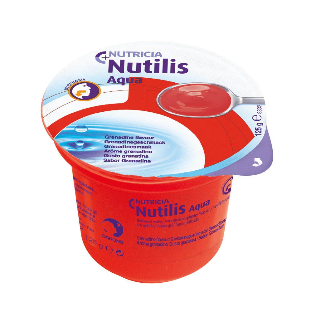 Gobelet de Nutilis Aqua Grenadine. Liquide rouge, couvercle avec cuillère. 125g.