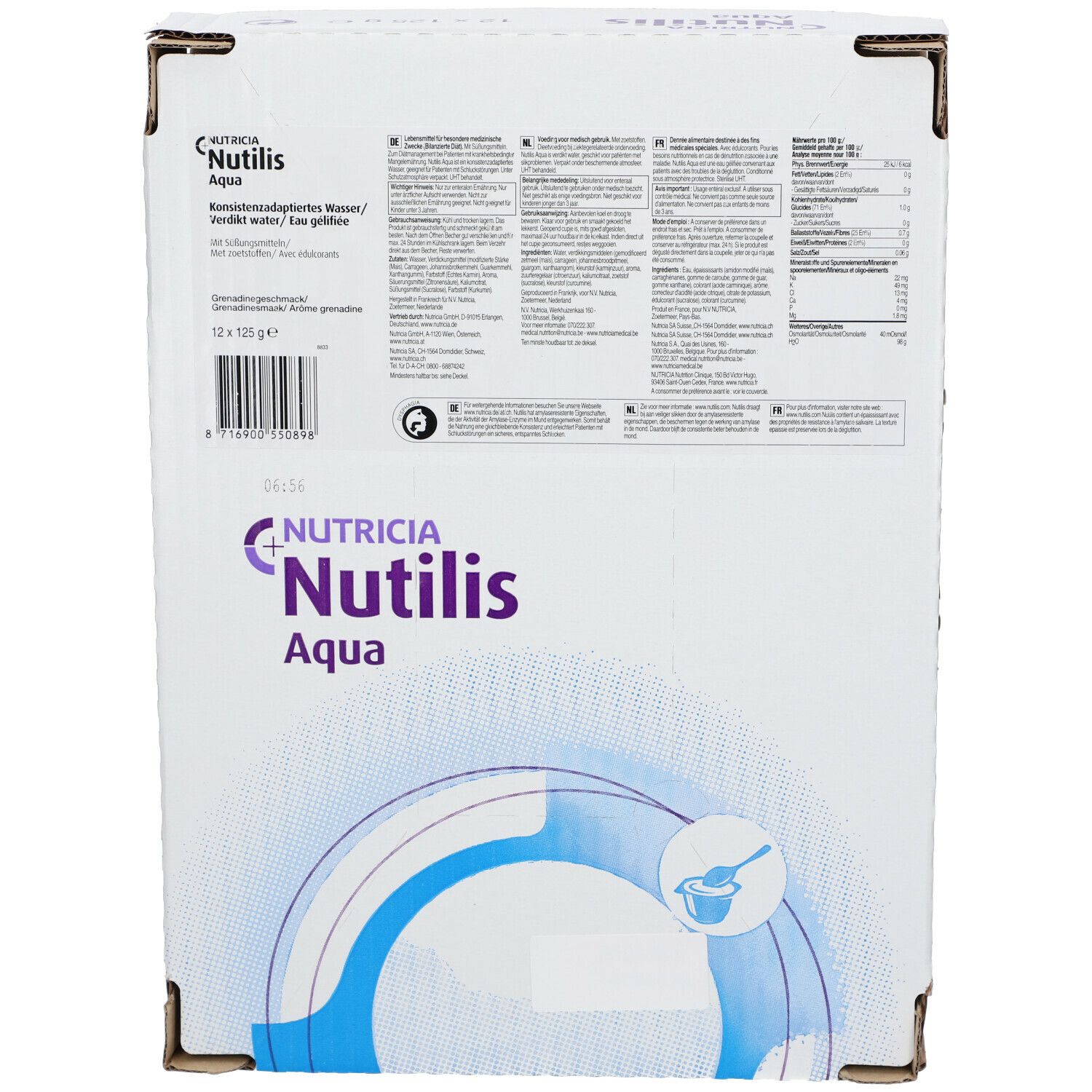 Emballage carton de Nutilis Aqua. Inscriptions avec informations produit et logo. 12 x 125g.