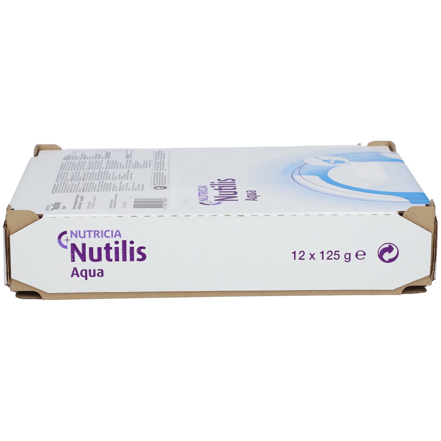 Vue latérale de l'emballage carton de Nutilis Aqua. Impression avec informations produit et logo. 12 x 125g.