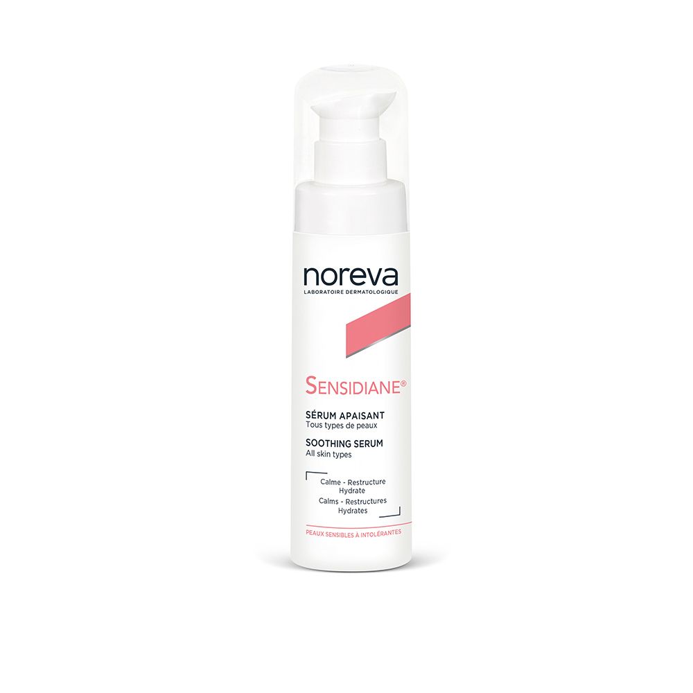 Sérum Intensif SENSIDIANE® de Noreva. Flacon blanc avec pompe et bouchon transparent. Accent rose. Texte.