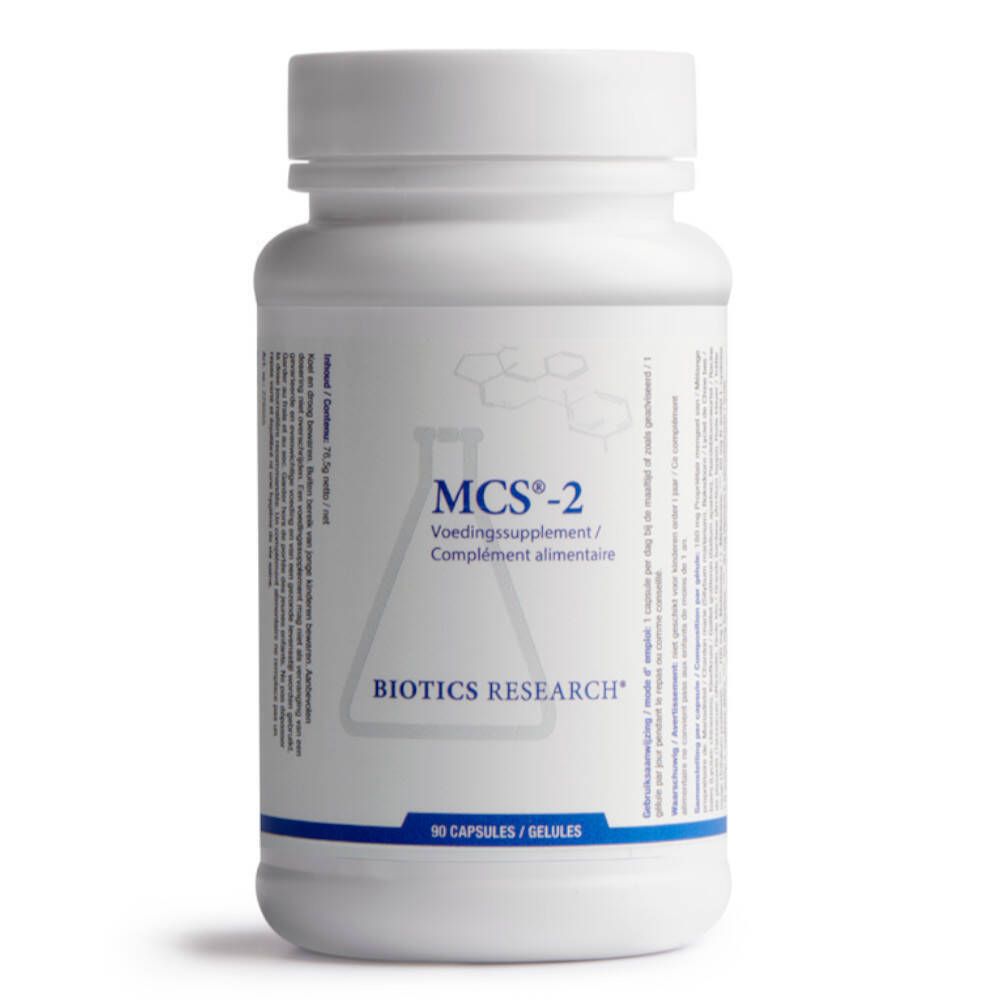 Weiße Flasche mit MCS-2 Biotics. Aufschrift: Voedingssupplement/Complément alimentaire. 90 Kapseln. Marke: Biotics Research.