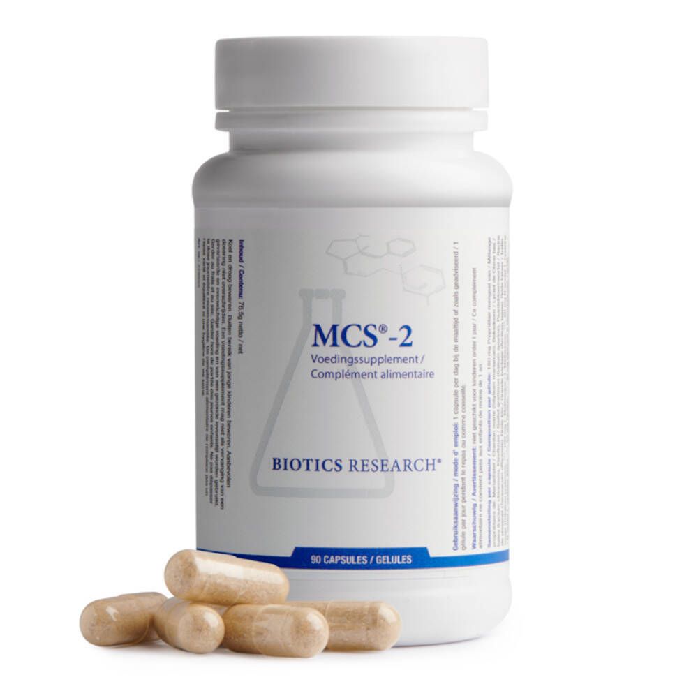 Weiße Flasche MCS-2 Biotics und Kapseln daneben. Aufschrift: Voedingssupplement/Complément alimentaire. 90 Kapseln. Marke: Biotics Research.