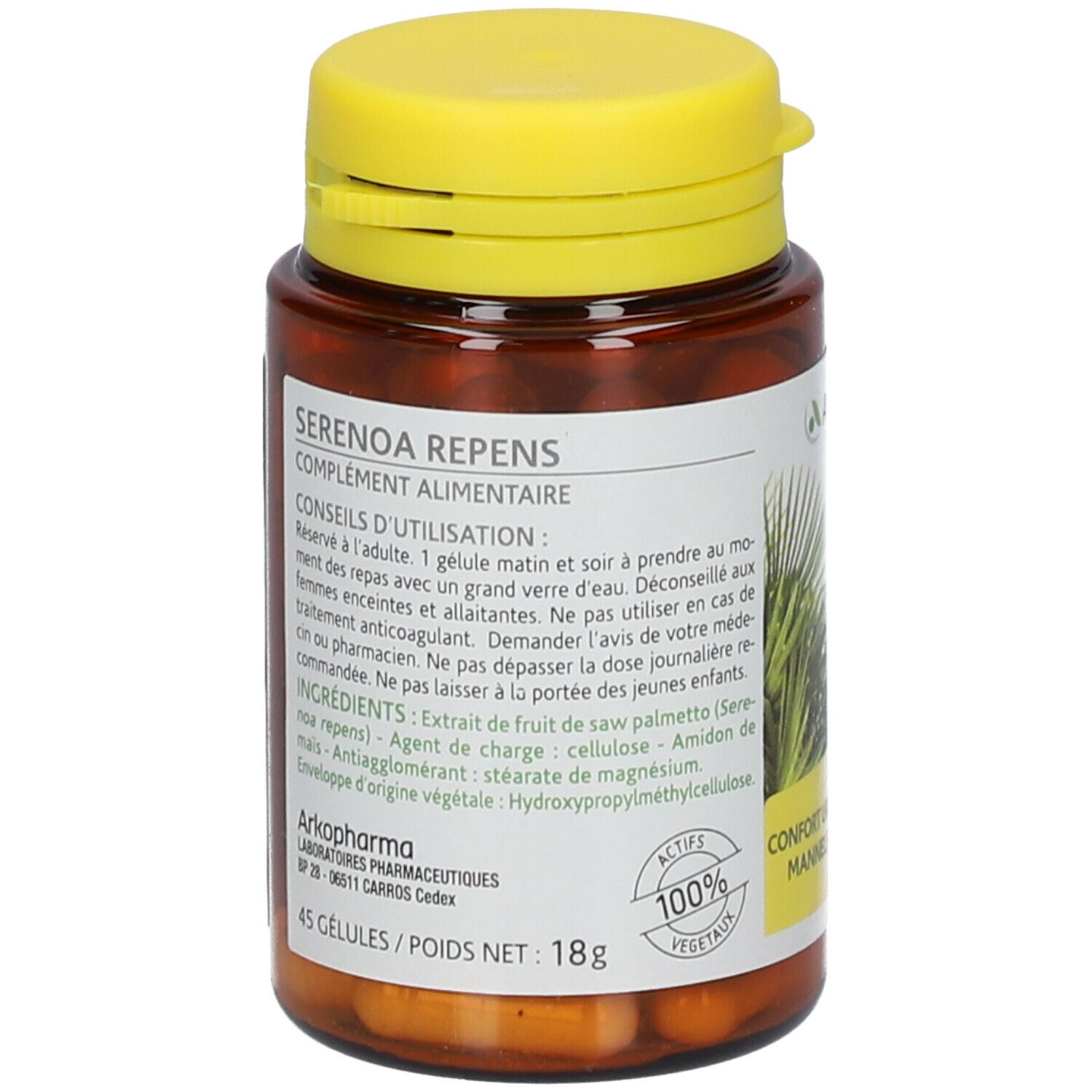 Flacon marron, bouchon jaune. Informations produit au dos. 45 gélules, 18g.