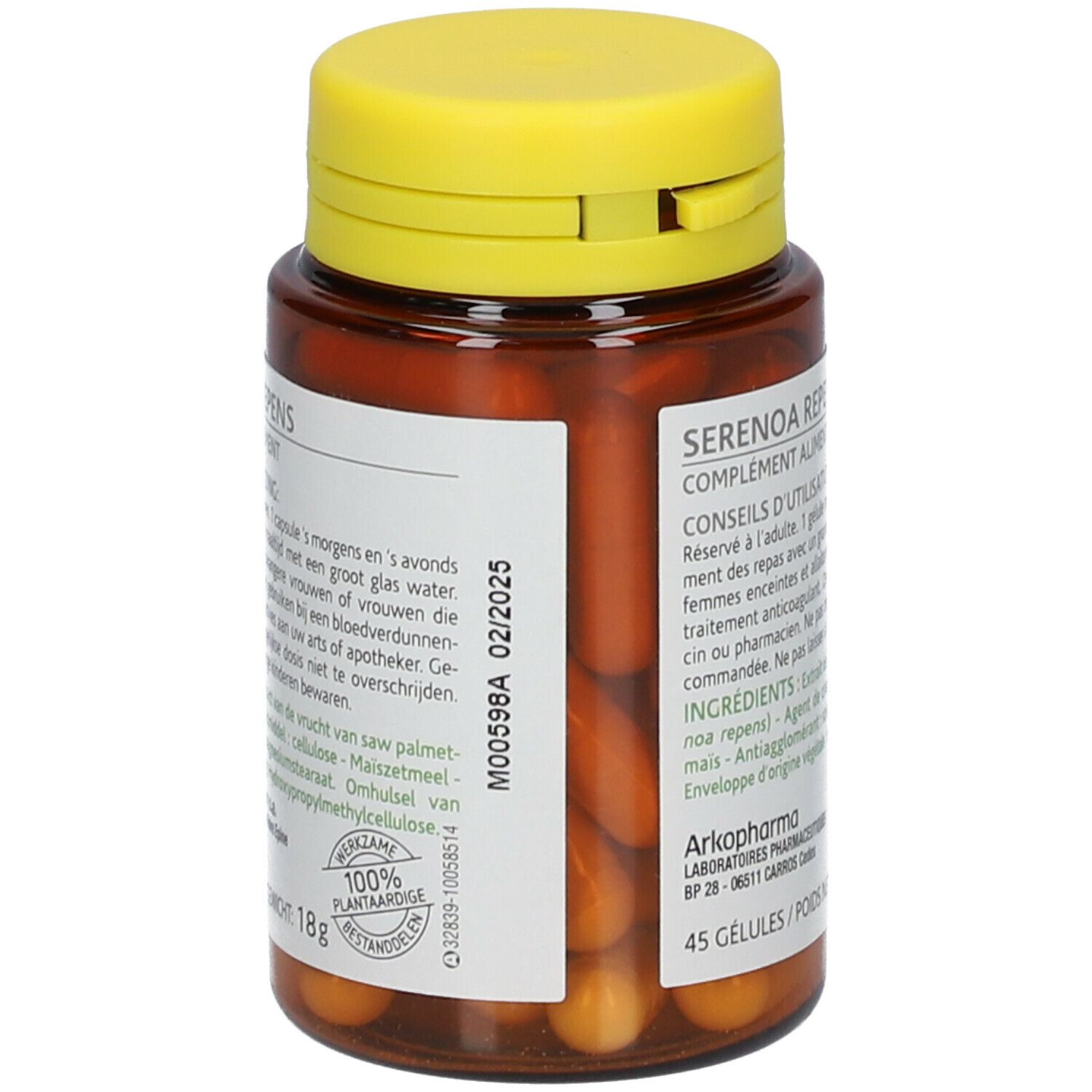 Flacon marron, bouchon jaune. Informations produit au dos. Date de péremption 02/2025. 18g.