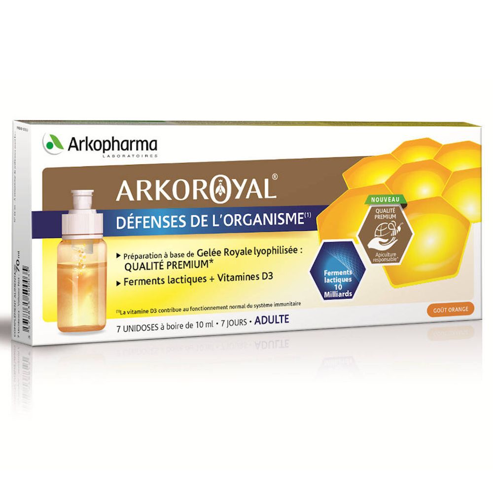 Verpackung von Arkopharma Arko Royal. Enthält 7 Einzeldosen. Aufschrift: Défenses de l'organisme, Gelee Royale, Vitamine D3.