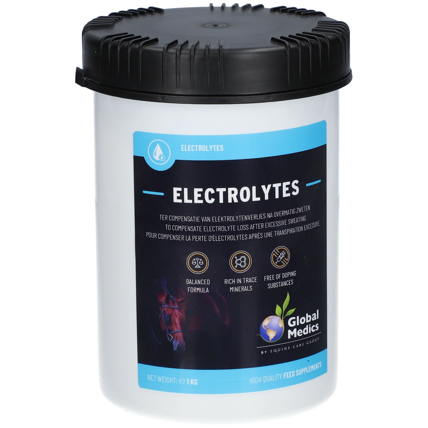 Weißer Eimer mit schwarzem Deckel. Blaues Etikett mit Text: Elektrolyte, Global Medics. Enthält Mineralien und ist dopingfrei.