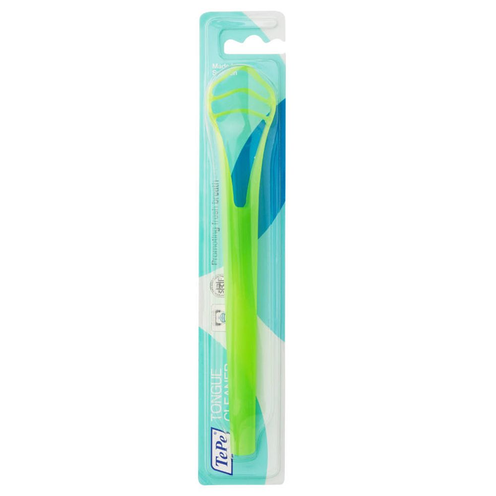 Zungenreiniger in grüner Verpackung. Der Reiniger ist grün und hat einen Griff. TePe-Logo und "Tongue Cleaner" sind sichtbar.