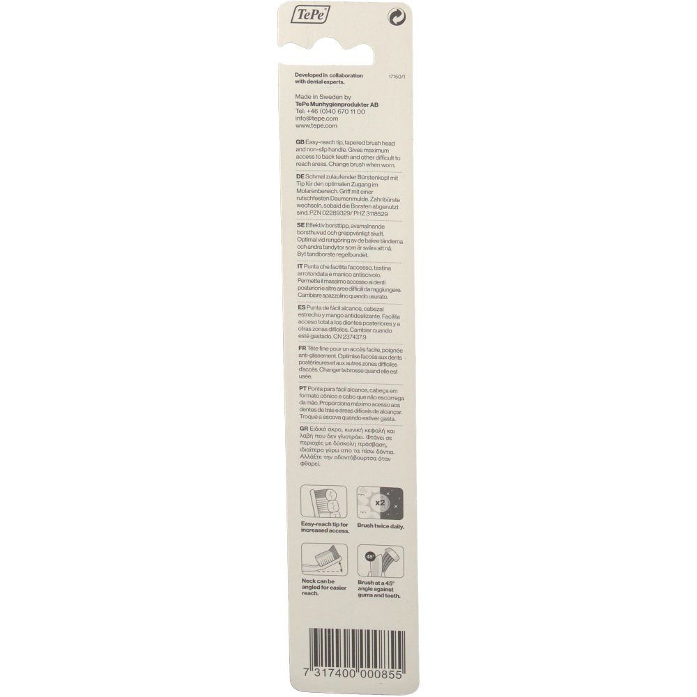 Achterkant van de blisterverpakking. Tekst in meerdere talen, barcode en logo's.