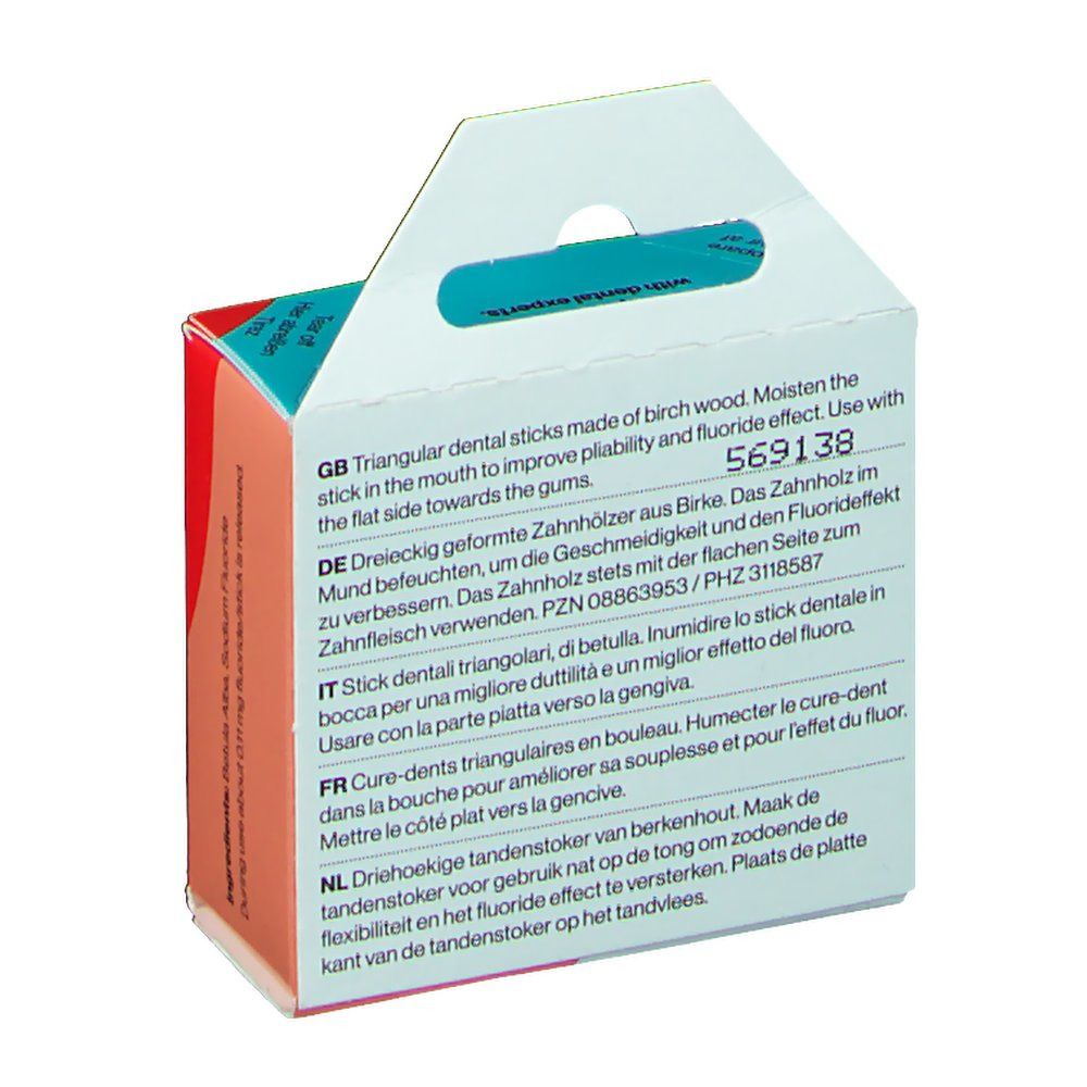 Rückseite der TePe Dental Sticks Verpackung. Text in Deutsch, Englisch, Italienisch, Französisch und Niederländisch. Mit Birkenholz.