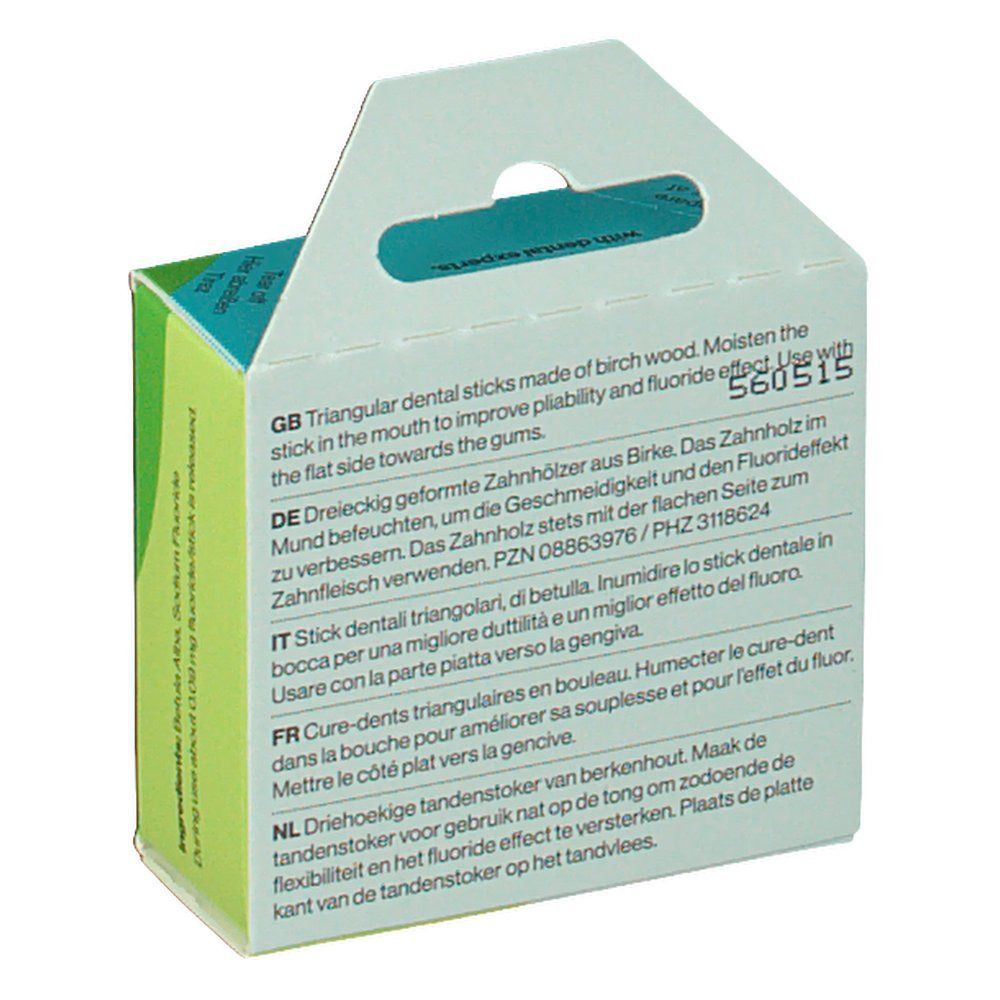 Rückseite der TePe Dental Sticks Verpackung. Mehrsprachige Produktinformationen. Mit Aufhängevorrichtung.