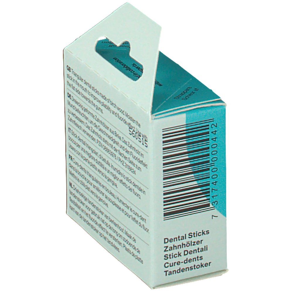 Geöffnete Verpackung von TePe Dental Sticks. Barcode und Produktinformationen. Mit Aufhängevorrichtung.
