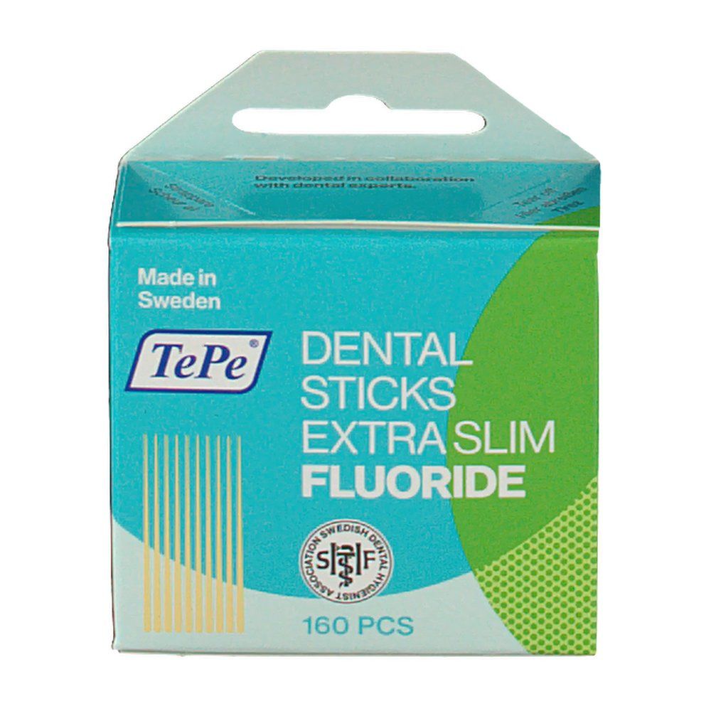 Vorderseite der TePe Dental Sticks Verpackung. 160 Stück. Grün-türkis Design. Schwedische Zahnärzte-Zertifizierung.