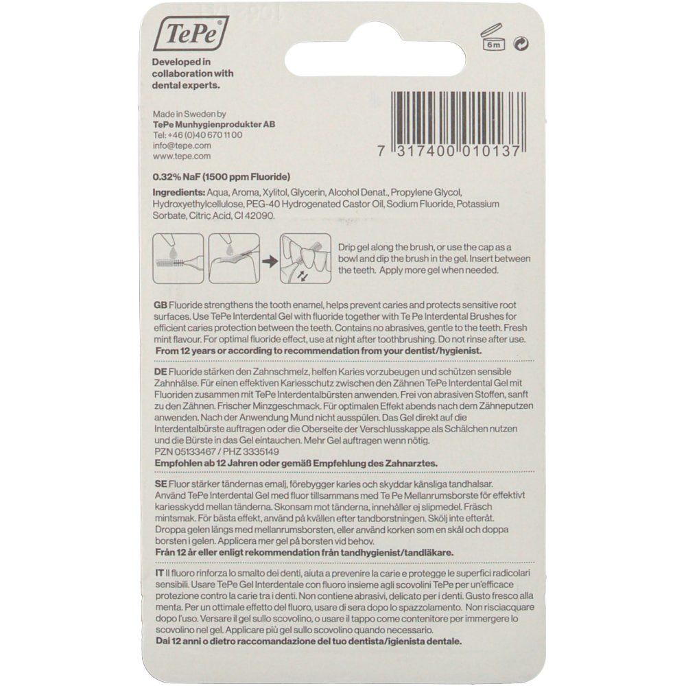 Rückseite der Verpackung von TePe Interdental Gel Fluorid. Textinformationen, Inhaltsstoffe, Anwendungshinweise.
