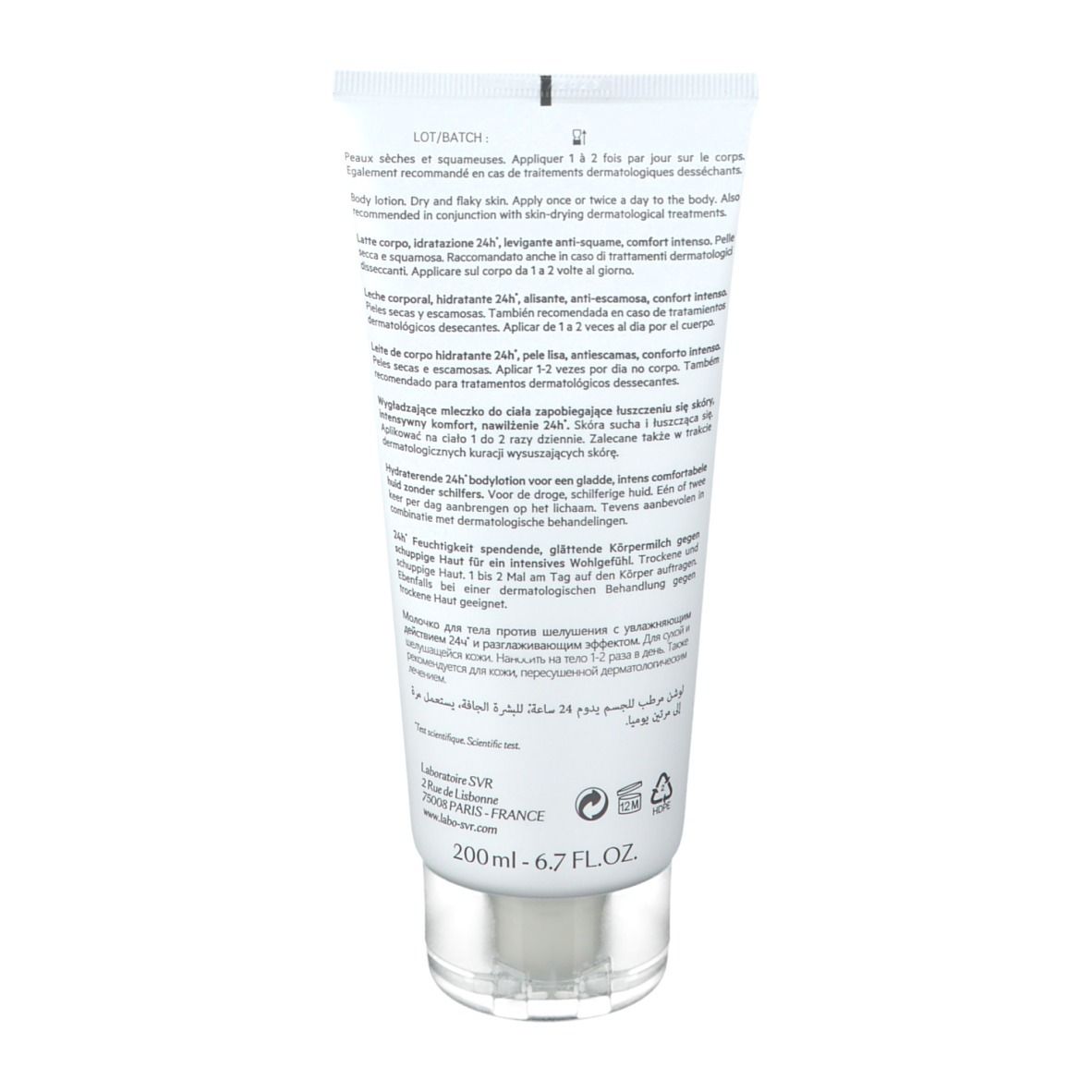 Creme-Tube mit Text. Rückseite mit Produktinformationen in verschiedenen Sprachen. Transparenter Verschluss.