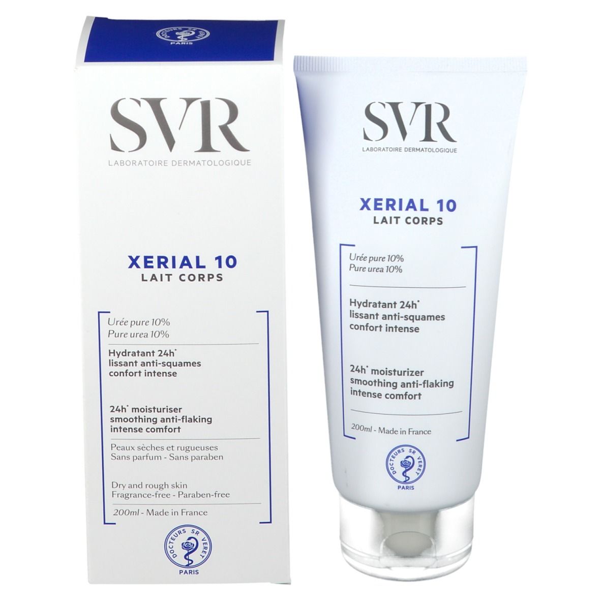 Weiße Tube und Verpackung. Aufschrift SVR XERIAL 10. Blaue und weiße Verpackung. 200ml.