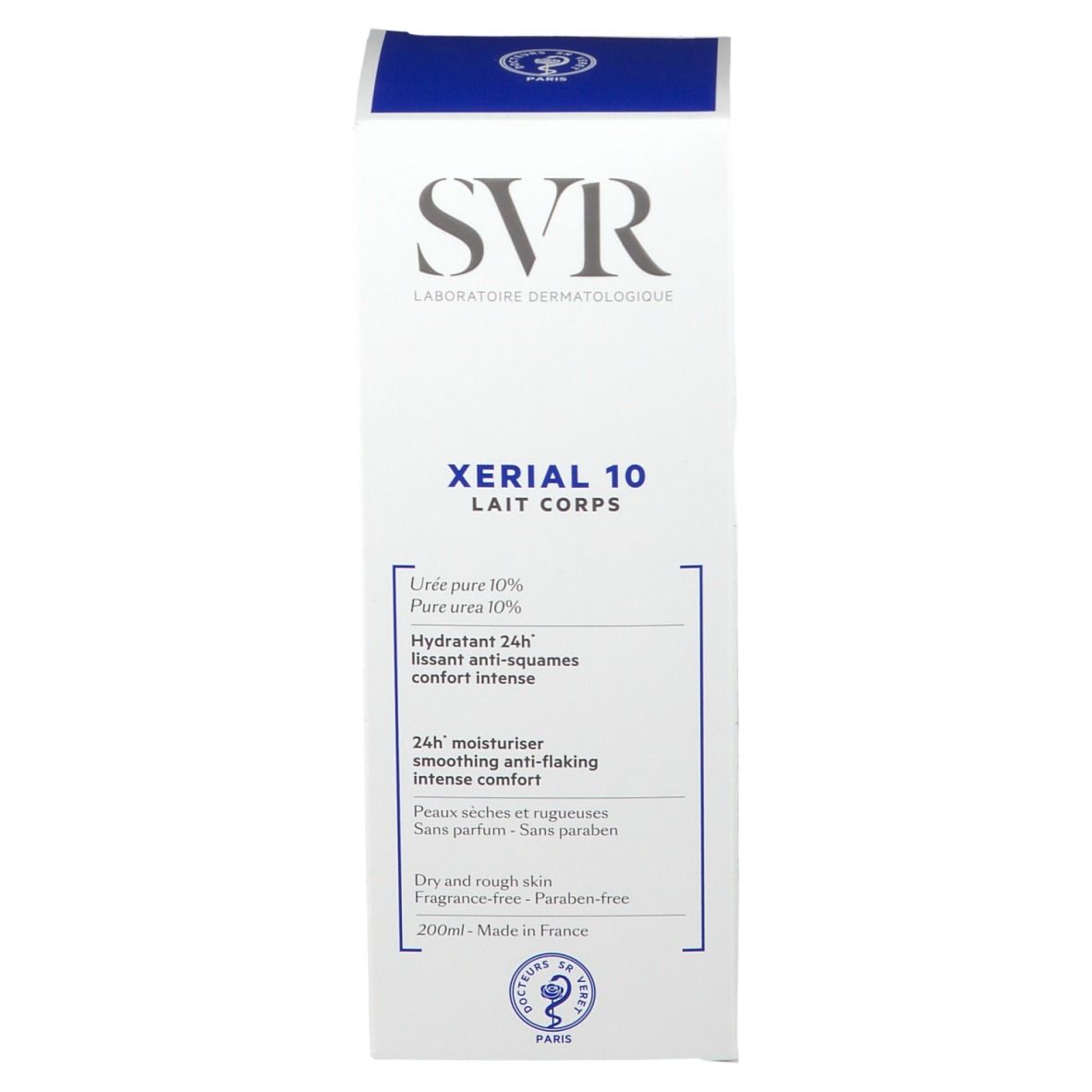 Weiße Verpackung mit blauer Oberseite. Aufschrift SVR XERIAL 10. Text in mehreren Sprachen. 200ml.