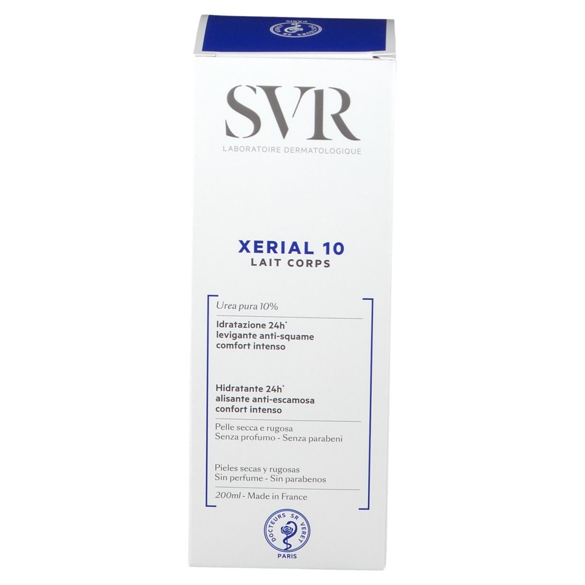 Weiße Verpackung mit blauer Oberseite. Aufschrift SVR XERIAL 10. Text in mehreren Sprachen. 200ml.