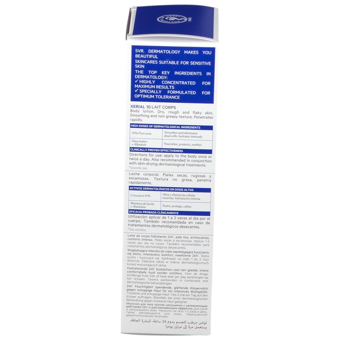 Weiße Verpackung mit blauer Oberseite. Text in mehreren Sprachen. Produktinformationen und Anweisungen.