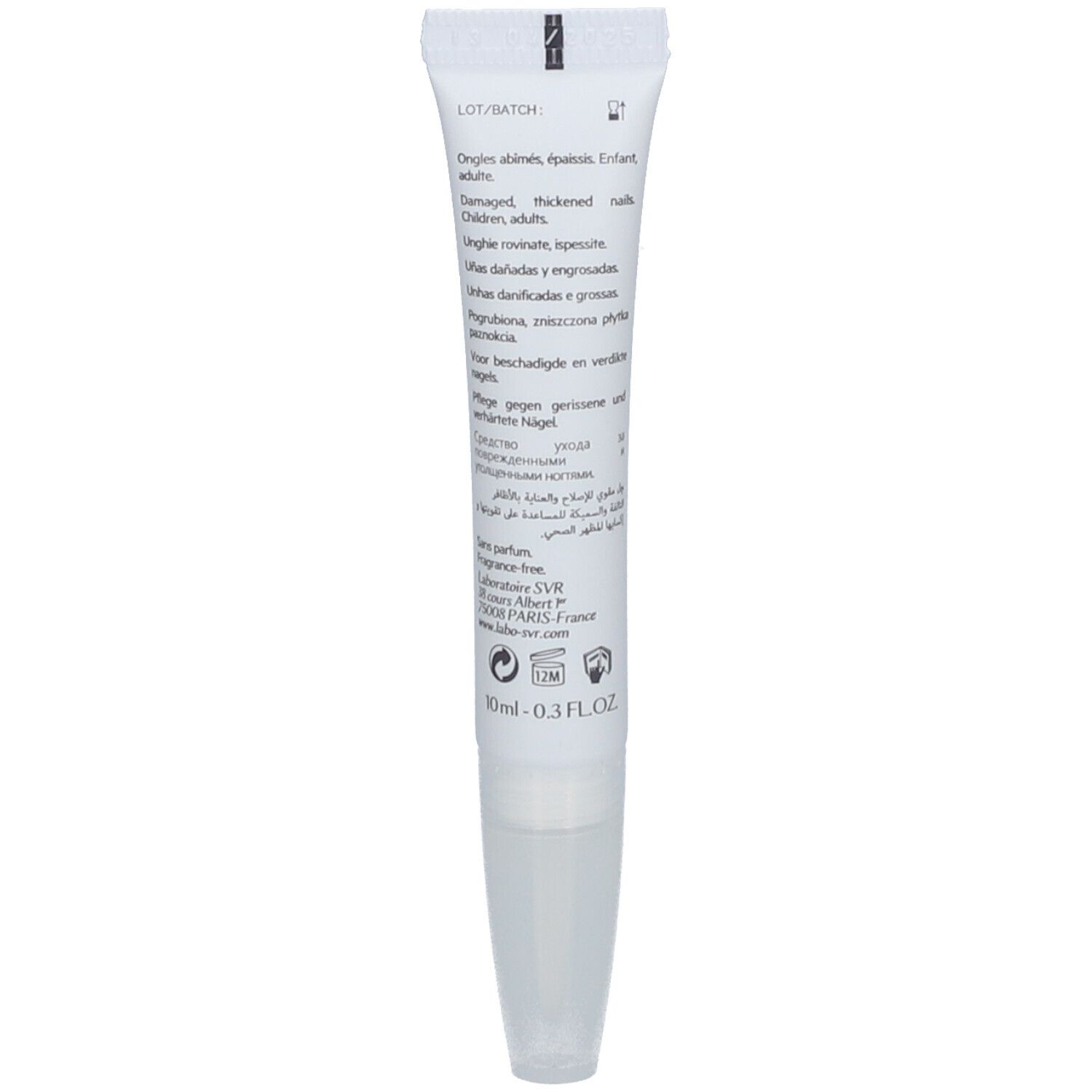 Rückseite der Tube. Text in mehreren Sprachen. Angaben zu Inhaltsstoffen, Anwendung und Hersteller. 10 ml.
