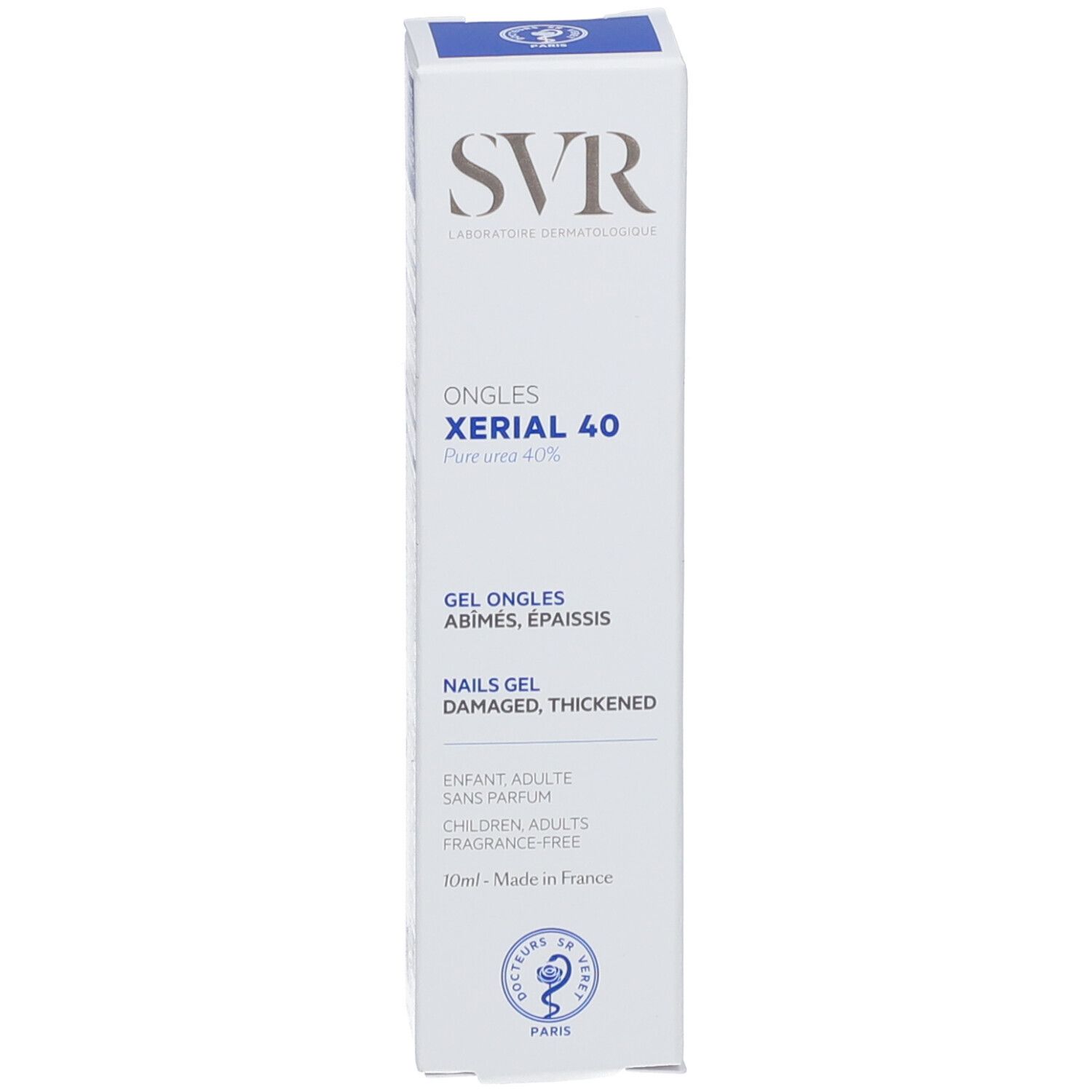 Weiße Schachtel mit SVR-Logo und Produktbezeichnung XERIAL 40. Gel für beschädigte, verdickte Nägel. 10 ml.