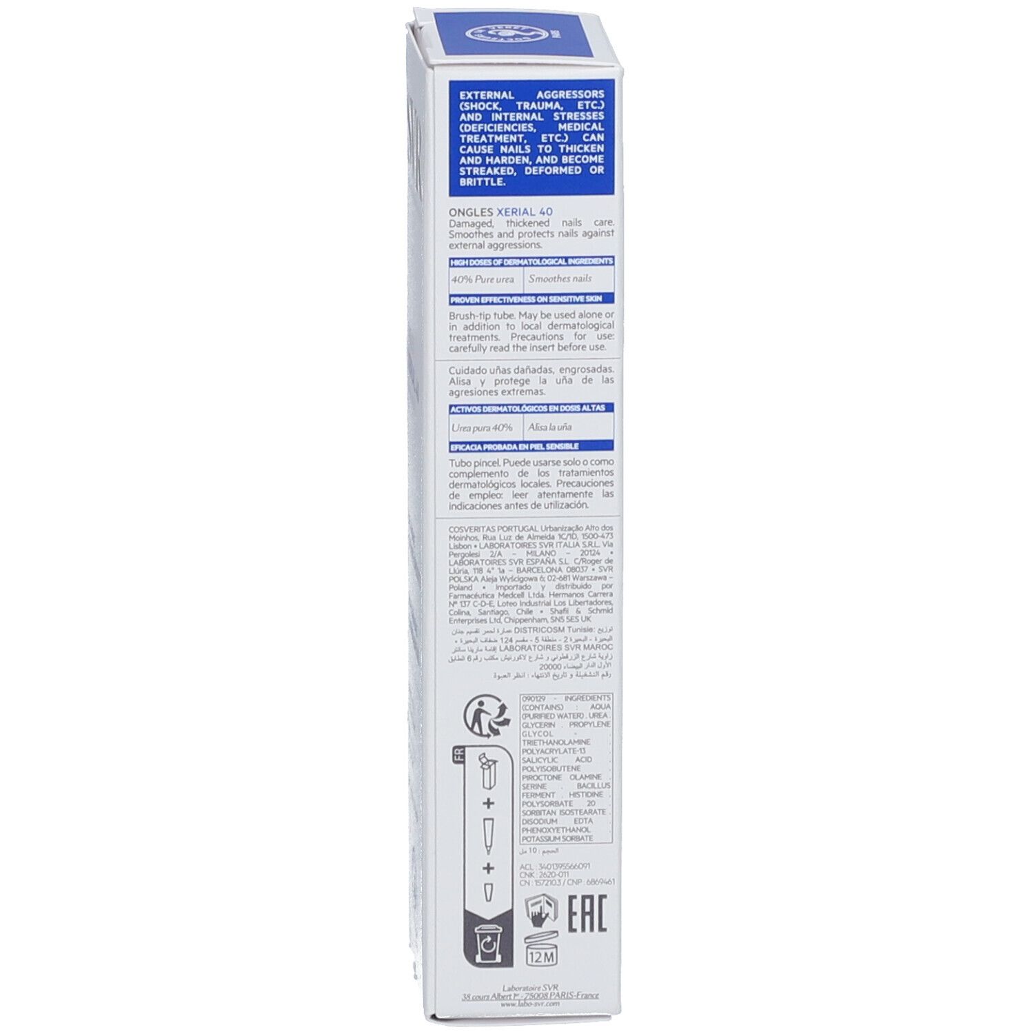 Rückseite der Produktverpackung. Text in mehreren Sprachen. Angaben zu Inhaltsstoffen, Anwendung und Hersteller.