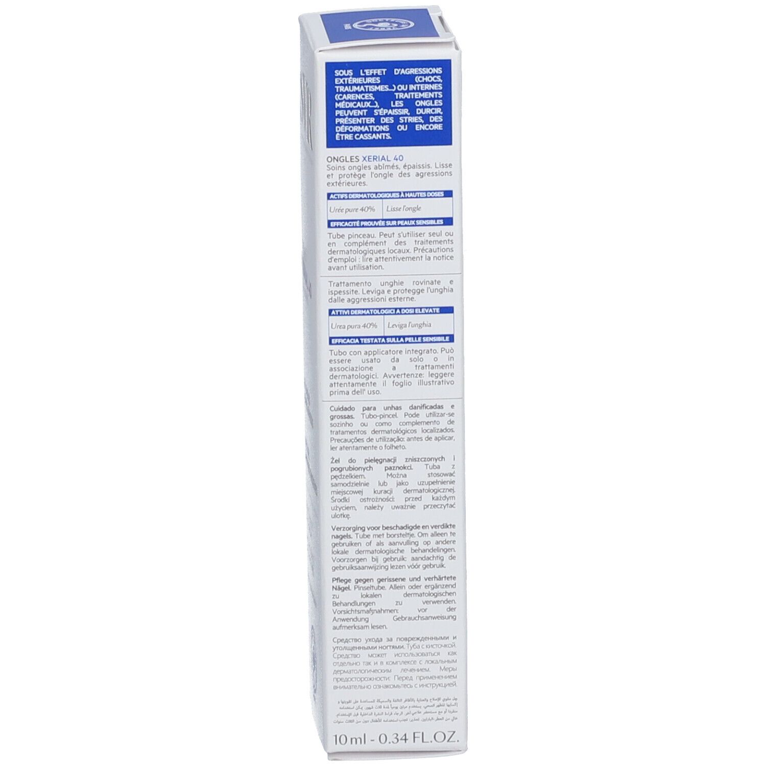 Rückseite der Produktverpackung. Text in mehreren Sprachen. Angaben zu Inhaltsstoffen, Anwendung und Hersteller.