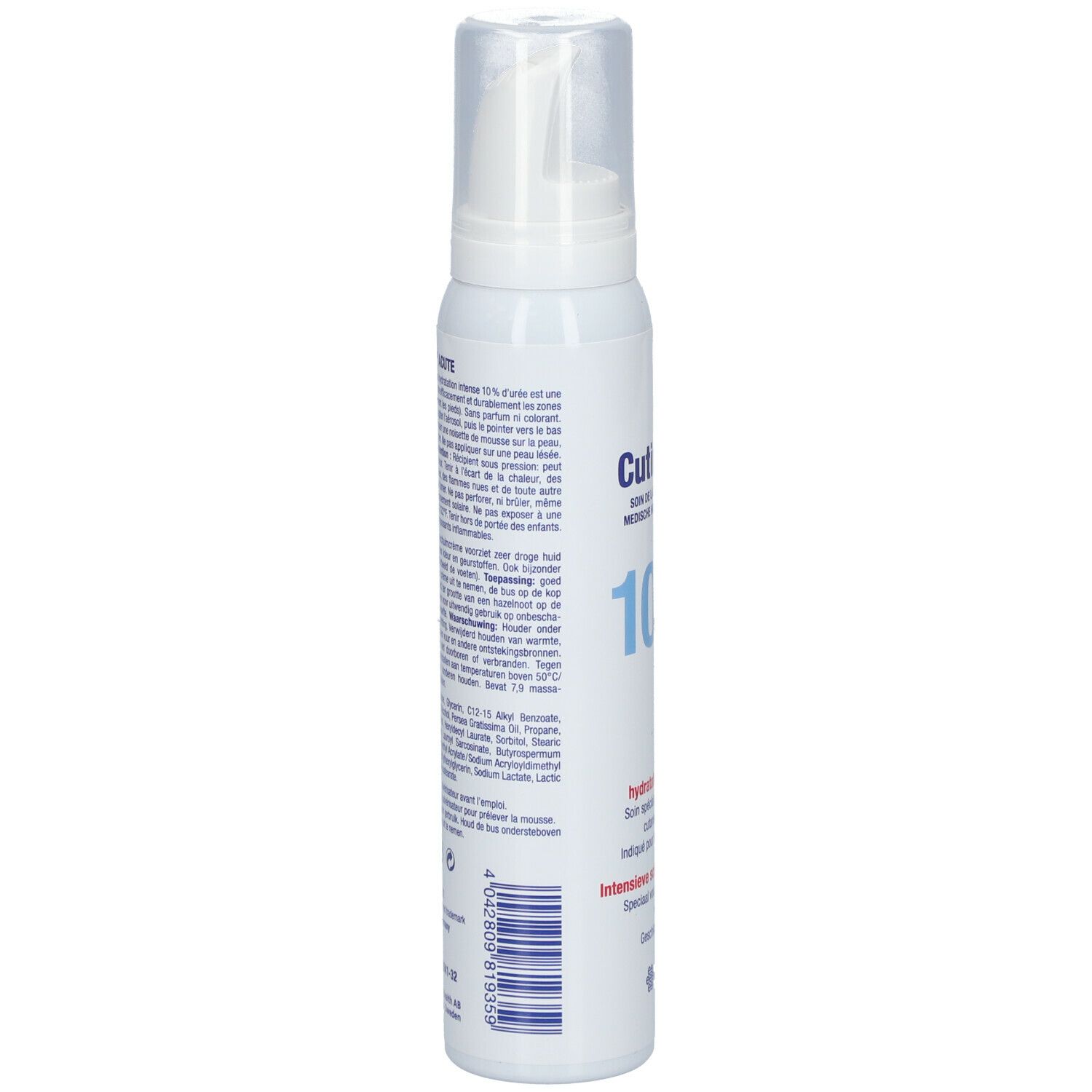 Flacon blanc Cutimed 10% Urée Mousse. Texte au dos. Avec applicateur.