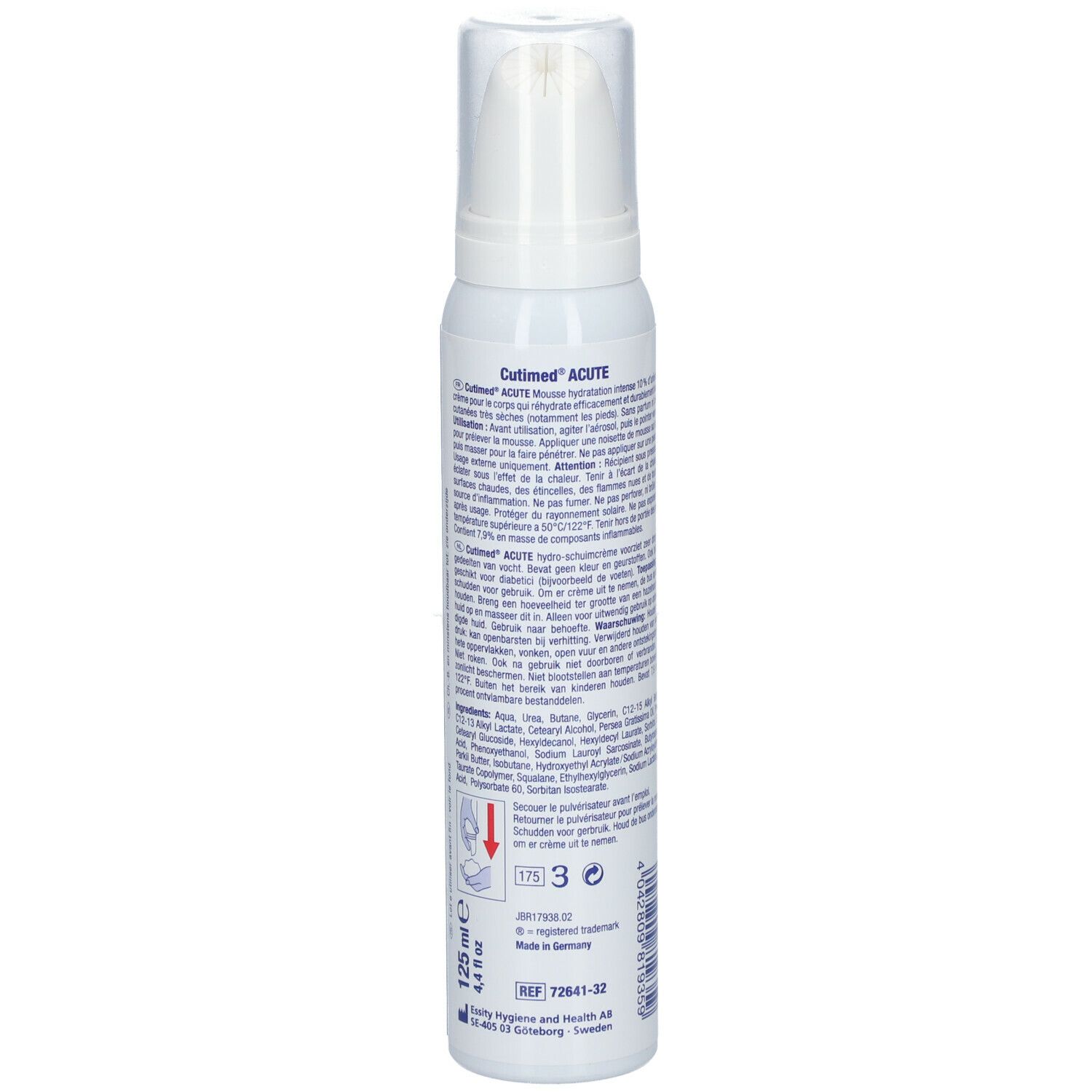 Flacon blanc Cutimed 10% Urée Mousse. Texte au dos. 125 ml. Avec applicateur.