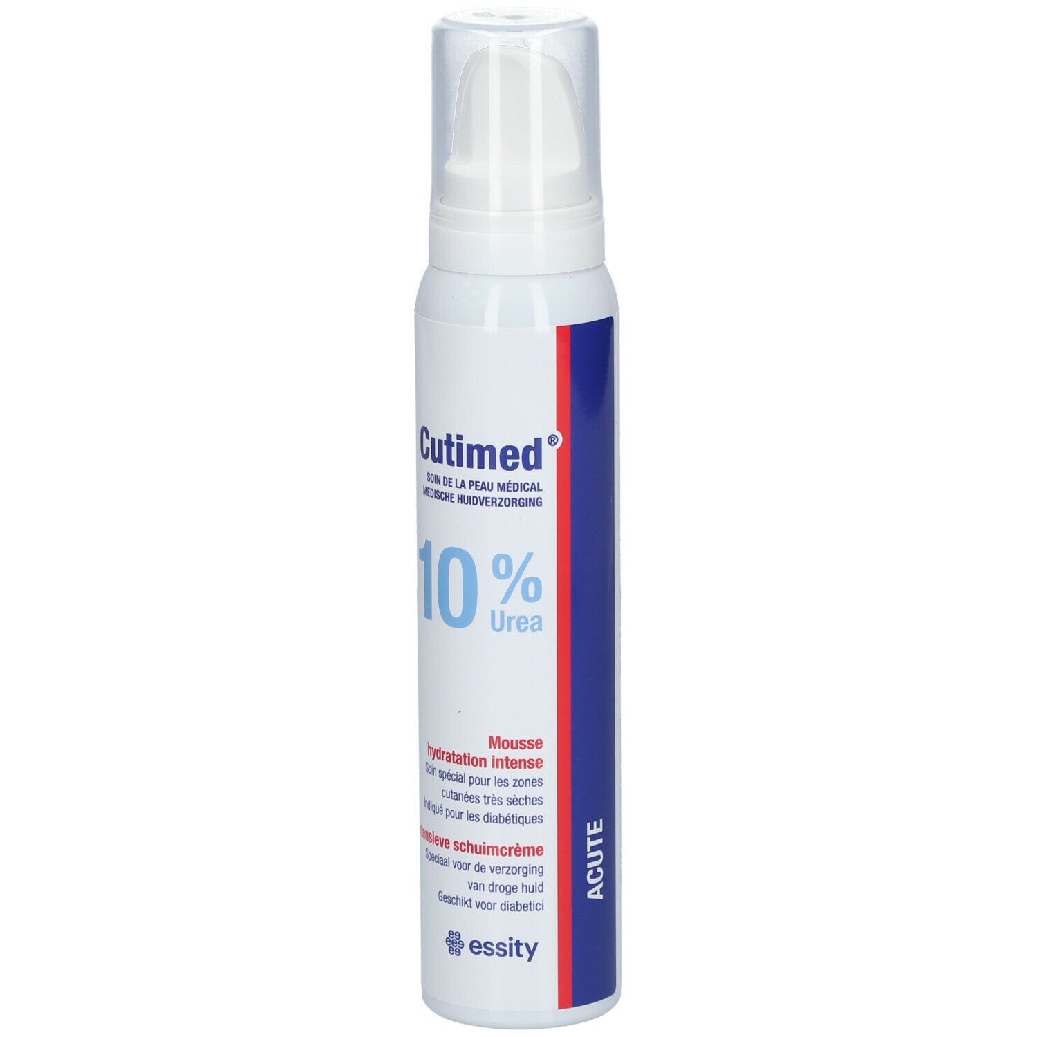 Flacon blanc Cutimed 10% Urée Mousse. Soin médical de la peau. Avec applicateur.
