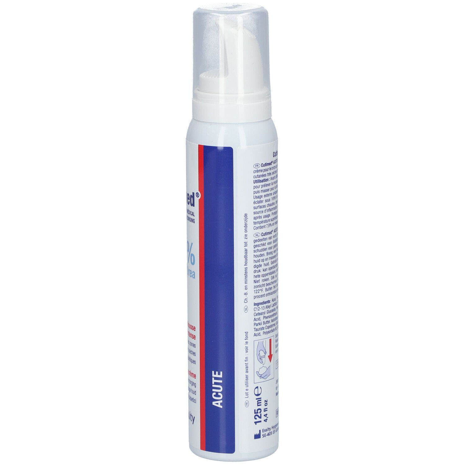 Flacon blanc Cutimed 10% Urée Mousse. Texte au dos. 125 ml. Avec applicateur.