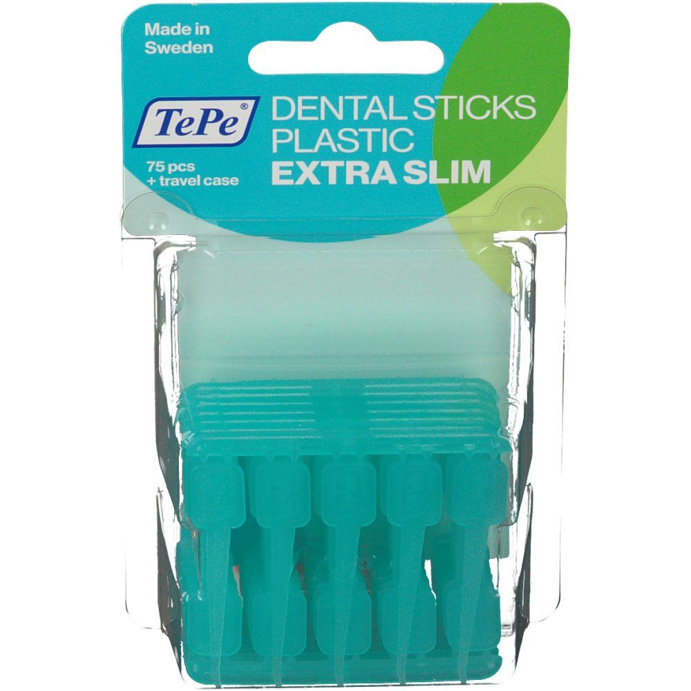 Packung mit grünen TePe Interdentalbürsten. 75 Stück, extra schlank, mit Reiseetui. Kunststoff. Text: Dental Sticks.