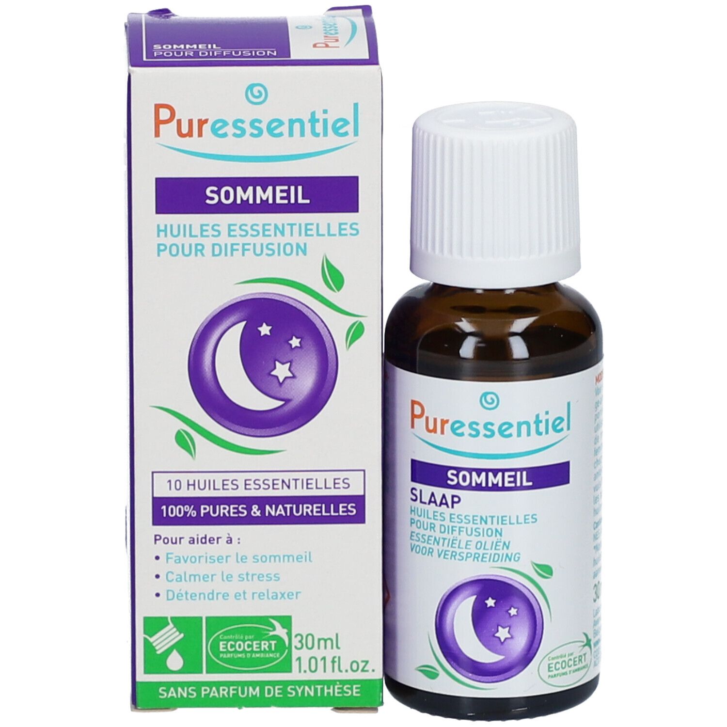 Flacon et emballage du produit. Flacon avec bouchon blanc, emballage avec nom du produit et symbole lune.