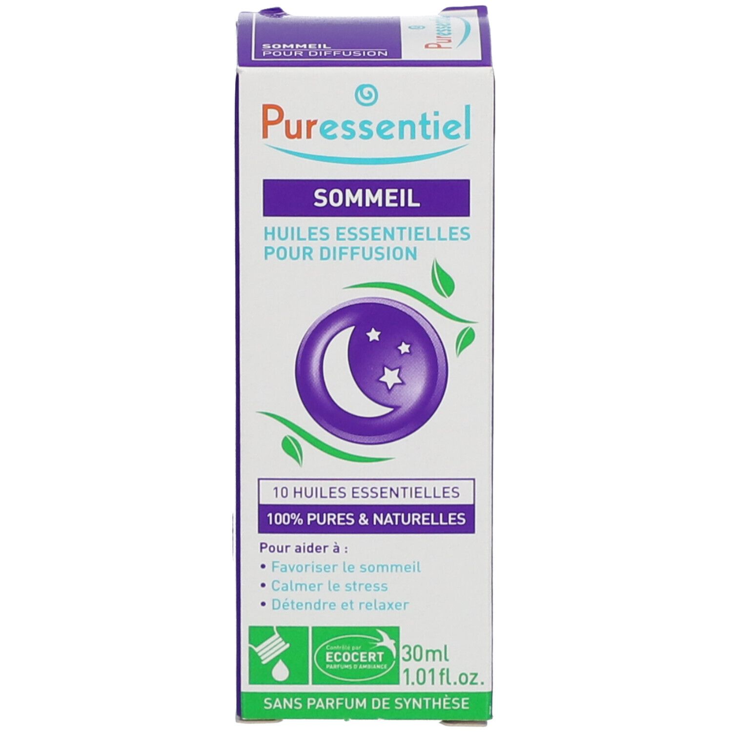 Emballage du produit. Boîte blanche avec nom du produit, symbole lune et texte. Logo Ecocert.